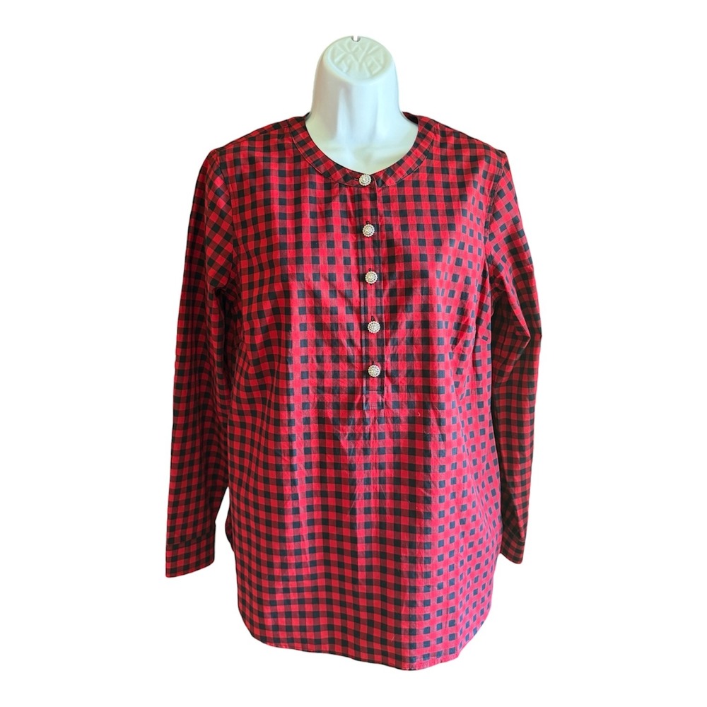Talbots Red Black Gingham Cotton‎ Popover Blouse Rhinestone Button Womens S